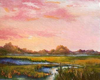 BROOKSIDE SUNSET Peaceful Country Landscape Matted Mini Print