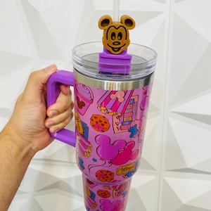 Customized lavender shimmer 40 oz travel tumbler inspired by theme park snacks with a Mouse waffle straw topper dupe
