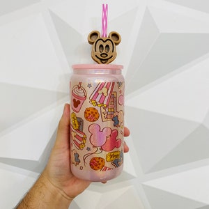 Custom sublimated  shimmer glass pink can inspired by theme park snacks Mickey waffle topper