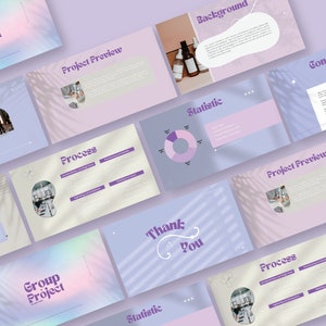 May include: A presentation slide deck with a purple and white color scheme. The slides feature text such as "Group Project", "Project Preview", "Process", "Statistic", "Conclusion", and "Thank You".