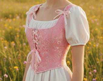 Pink Floral Corset Top, Cottagecore Lace-Up Bustier with Tie Straps