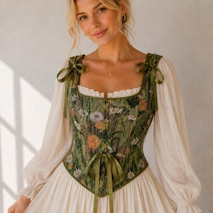 May include: A corset top featuring a green floral tapestry pattern with white and orange daisy motifs. The garment has a square neckline, front lace-up closure with olive green ribbons, and matching ribbon ties at the shoulders over long cream sleeves.
