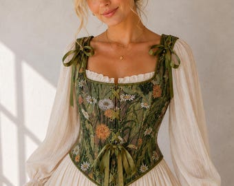 Green Floral Tapestry Corset Top, Cottagecore Bodice, Renaissance Bustier, Lace-Up Fairycore Top