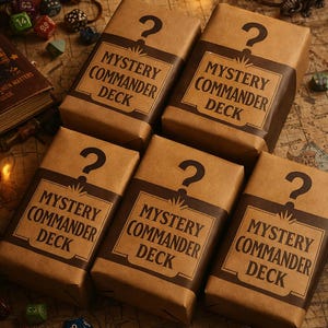 May include: Five brown wrapped boxes labelled "Mystery Commander Deck" with a question mark. The boxes are on a map with dice and a lit candle. The boxes are wrapped in brown paper with a brown label.