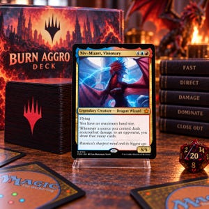 May include: A Magic: The Gathering trading card titled Niv-Mizzet, Visionary featuring a red dragon illustration, displayed on a clear stand. Beside it sits a Burn Aggro deck box, a stack of cards, a twenty-sided die, and books labeled Fast, Direct, Damage, Dominate, Close Out.
