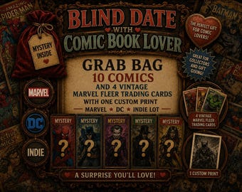 Blind Date with Comic Books | 10 Mystery Comics + 4 Vintage Marvel Fleer Cards + Custom Art Print | Comic Book Gift Box