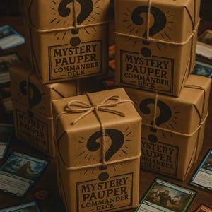 May include: Several brown paper-wrapped boxes tied with twine, each featuring a large black question mark and the text "MYSTERY PAUPER COMMANDER DECK." The boxes are surrounded by trading cards.
