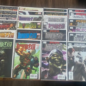 May include: A collection of 28 comic books featuring the Marvel Comics superhero team Thunderbolts. The covers feature various characters from the team, including the title 'Thunderbolts' and the names of the storylines 'The Initiative', 'Secret Invasion', and 'Dark Reign'.