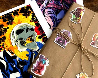 Blind Date with Comic Books Edition!  6 Comics Marvel, Dc and Indie Book Collectors Gift Bag Mystery Lot - 2 8.5x11 Comic Prints Vintage