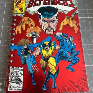 May include: A red comic book cover with the title "The Secret Defenders" and a 30th anniversary logo. The cover features a group of superheroes, including Doctor Strange, Wolverine, and a female superhero with long red hair.