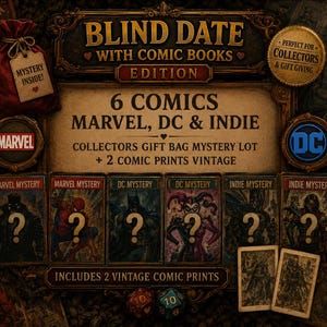 Pu&ograve; includere: Un lotto misterioso Blind Date with Comic Books con sei fumetti Marvel, DC e indipendenti. Il set include un sacchetto regalo rosso, due stampe vintage e sei copertine di fumetti misteriose con punti interrogativi in una cornice decorativa.