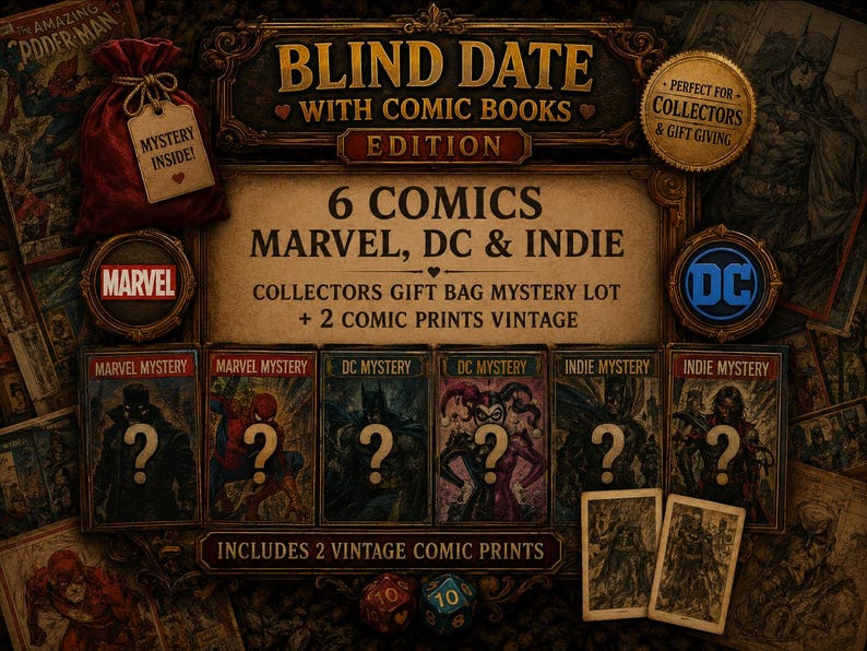 Pu&ograve; includere: Un lotto misterioso Blind Date with Comic Books con sei fumetti Marvel, DC e indipendenti. Il set include un sacchetto regalo rosso, due stampe vintage e sei copertine di fumetti misteriose con punti interrogativi in una cornice decorativa.