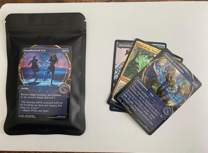 May include: A black pouch with a Magic: The Gathering card featuring two figures and the text "Unauthorized Exit." Three other cards are visible, including "Quicksilver," "Feast of the Victor," and "Dramatic Accusation."