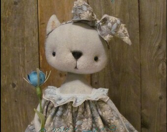Farmhouse grey cat doll Whimsical woodland animal kitty spring summer cottage chic shabby primitive creepy cute Farm Quirky standing kitten