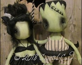 Frankenstein and Bride - Beach decor -  Gothic decor - Whimsical  summer - Summerween doll -  primitive doll - creepy cute - Halloween