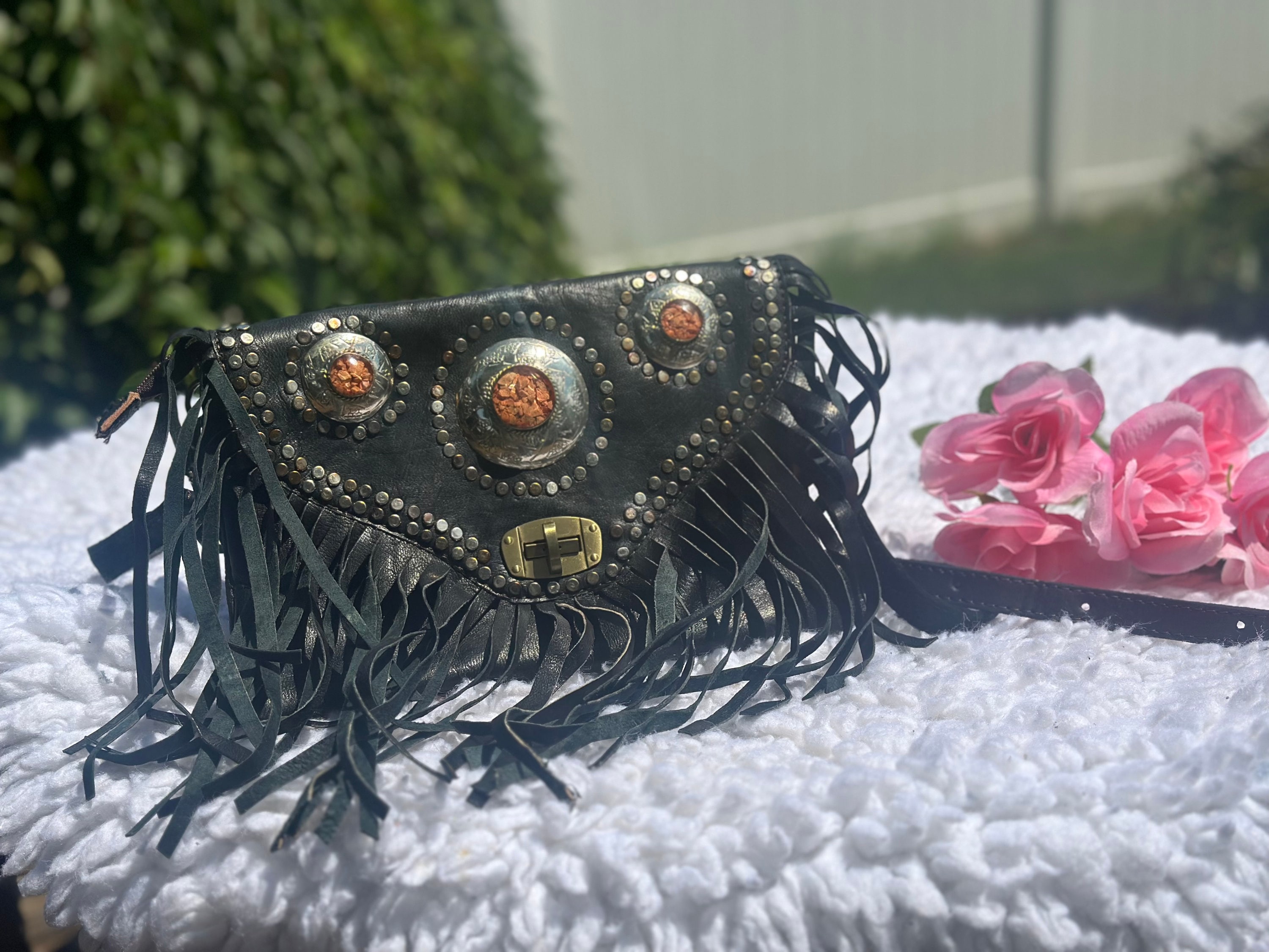 Artisanal Moroccan Black Fringe Leather Bag with Orange Accents