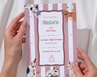 Editable Cute Cat Birthday Invitation Template, Personalized Kitten Party Invite, Printable Purrfect Birthday Card, Digital Download