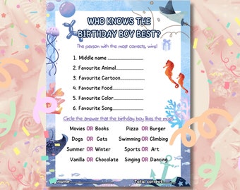 Who Knows the Birthday Boy Best? | Printable Birthday Party Game PDF, Ocean Theme Printable Birthday Game