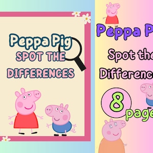 Może przedstawiać: Różowa i biała okładka książki z tytułem "Peppa Pig Spot the Differences" i lupą. Na okładce znajdują się dwie kreskówkowe świnki, jedna w czerwonej sukience, a druga w niebieskiej koszuli. Książka ma 8 stron.