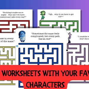May include: Six maze worksheets featuring cartoon characters, each with a different maze design and a quote bubble. The worksheets are on a white background with colorful mazes and character illustrations. Text at the bottom reads "6 MAZE WORKSHEETS WITH YOUR FAVOURITE CHARACTERS."