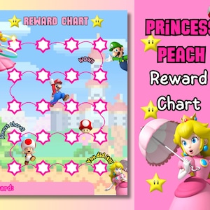 May include: A pink and white printable reward chart featuring Princess Peach from the Super Mario Bros. video game series. The chart has a pink star-shaped path with spaces for stickers or stamps. The chart includes the text "Princess Peach Reward Chart".