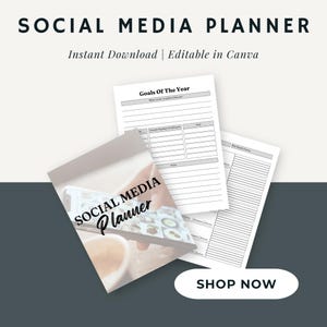 May include: A printable social media planner with the text "SOCIAL MEDIA PLANNER" and "Goals Of The Year" on the pages. The planner is designed to help users plan their social media content and track their progress.