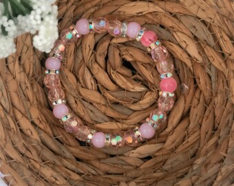 ピンクのガラスビーズチャームのパンドラスタイルのシルバー