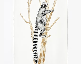 May include: A black and white illustration of a ring-tailed lemur climbing a tree with a brown trunk. The lemur has a long, striped tail and is looking to the right. The background is white.