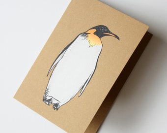 Penguin on Kraft Hand Screen Printed Christmas Greeting Card by Fiona Hamilton