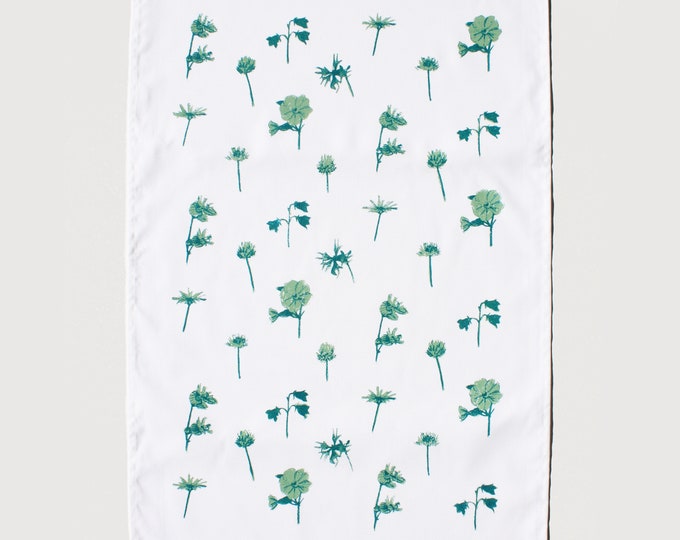 Willd Flowers Green Hand Printed Tea Towel on Cotton by Fiona Hamilton