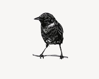 Stonechat  wood engraving print, handprinted original limited edition woodcut