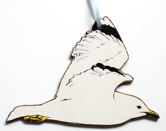 Seagull in Flight Screen Printed Wood Lasercut Decoration by Fiona Hamilton - Ornament, Kittiwake, Seagulls