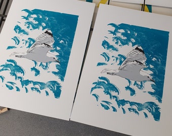 Seagull Screen Print by Fiona Hamilton - Gull in Flight, Clouds, Blue Sky, Silkscreen, Limited Edition