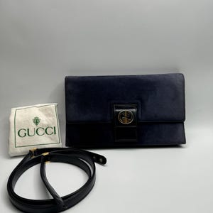 Authentic Gucci Vintage 1970s Navy Blue Suede Clutch Shoulder Bag