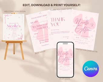 Rosa Schleife Geburtstagseinladung, Mädchen Coquette Party einladen, druckbare digitaler Download, bearbeitbare Canva Vorlage
