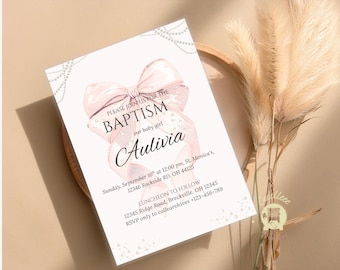 Aquarell Rosa Schleife Taufeinladungsvorlage | Elegante Mädchen Taufeinladung | Printable Widmung | Bearbeitbare Vorlage