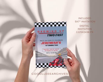 Bearbeitbare Einladungsvorlage für eine Rennwagen-Geburtstagseinladung | Zwei schnelle Rennwagen-Einladung zum 2. Geburtstag | Go-Kart-Zielflaggen-Design (digitaler Download)