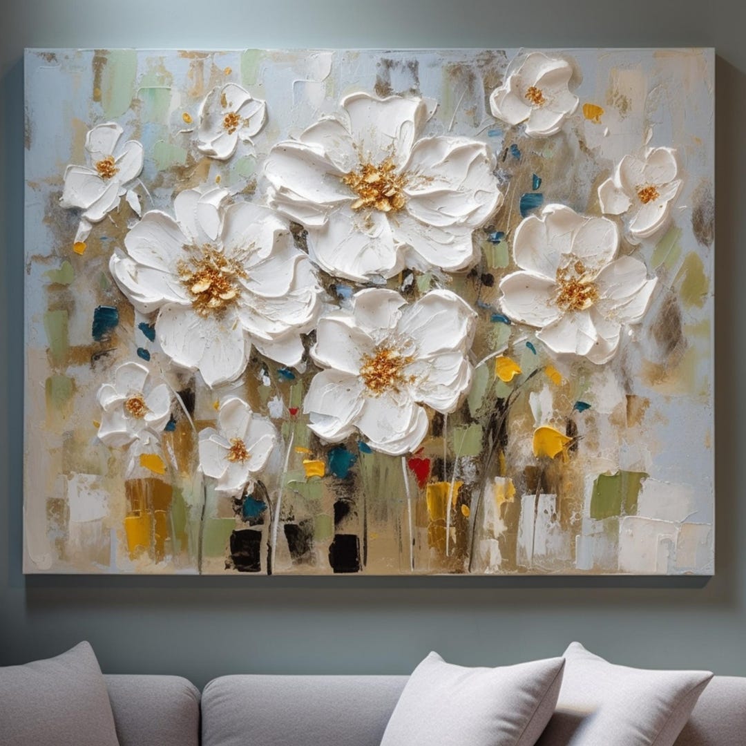 Abstract White Flower Oil Painting on Canvas 3D Colorful Flower ...