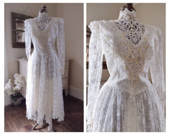 1980s Jessica McClintock Victorian Revival Vintage Dress . Wedding . Bridal . Handkerchief Hem . Ivory Satin • White