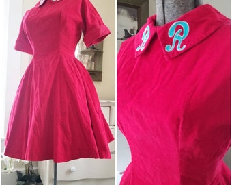 1960s Vintage Mini Dress • Red Corduroy • Fit & Flare Skater • Monogram Initial R • Babydoll • Rockabilly