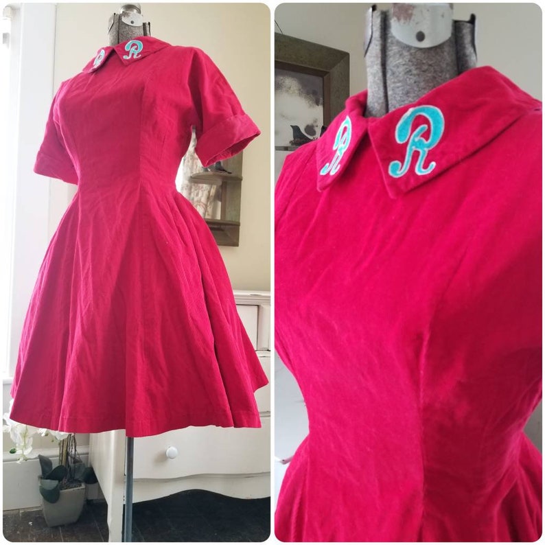 1960s Vintage Mini Dress Red Corduroy Fit & Flare Skater Monogram Initial R Babydoll Rockabilly image 1