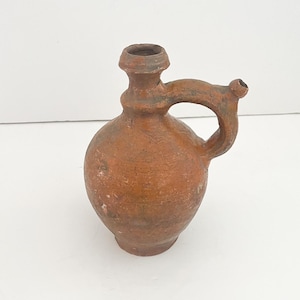 Pichet ancien en terre cuite émaillée, pichet à olives européen ancien, flacon ancien en terre cuite, vase en terre cuite marron, pot en poterie fait main marron, vase en argile