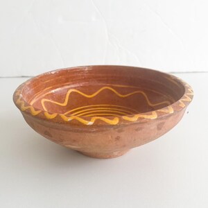 Pu&ograve; includere: Una ciotola color terracotta con un motivo ondulato giallo e bianco sul bordo e all'interno. La ciotola &egrave; rotonda e probabilmente utilizzata per servire cibo o come oggetto decorativo. Diametro di circa 20 cm.