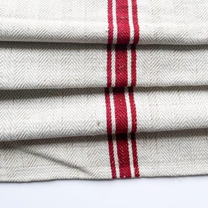 Herringbone Grain Sack Fabric with Red Stripes, Old Grainsack for Upholstery, Farmhouse Feedsack, Vintage Flour Sack Stair Runner Fabric R33