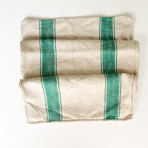 Antique Linen Grain Sack with Green Stripes, Vintage Grainsack for Upholstery, Farmhouse Feedsack UK, Rustic Floor Sack Pillow Sewing G15