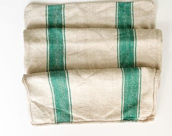 Antique Linen Grain Sack with Green Stripes, Vintage Grainsack for Upholstery, Farmhouse Feedsack UK, Rustic Floor Sack Pillow Sewing G15