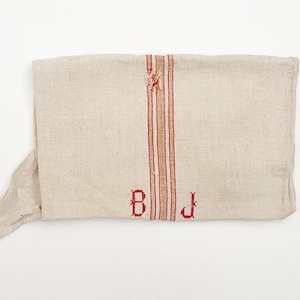Rare Grainsack with Gold and Red Stripes and BJ Monogram, Antique Grain Sack Fabric, Rustic Feedsack, Farmhouse Floorsack, Vintage Linen GR1