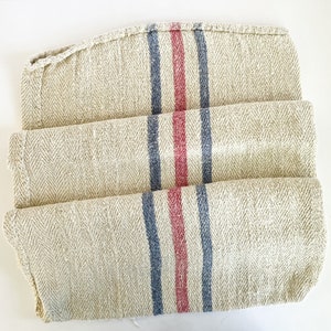 Antique Linen Grain Sack with Blue and Red Stripes, Grain sack for Upholstery, Farmhouse Grain Sack, Vintage Grain Sack Pillow Sewing BLR1