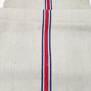 Antique Linen Grain Sack with Red and Blue Stripes, Grain sack for Upholstery, Farmhouse Grain Sack, Vintage Grain Sack Pillow Sewing BLR8