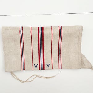 Antique Grain Sack with Blue and Red Stripes and Monogram, Vintage grain Sack Fabric, Farmhouse Feedsack, French Flour Sack, Homespune BLR7
